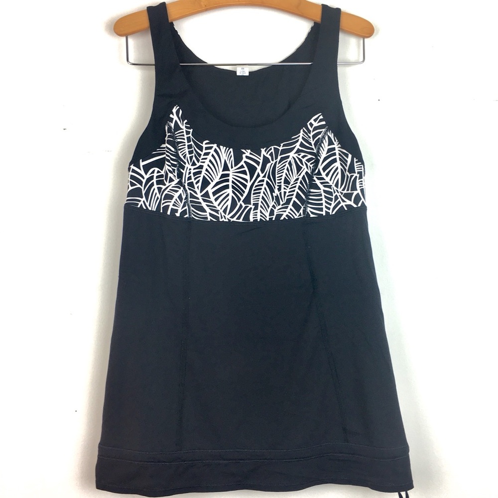 LULULEMON black tank w/ leaf white pattern and waist drawstring SZ 6